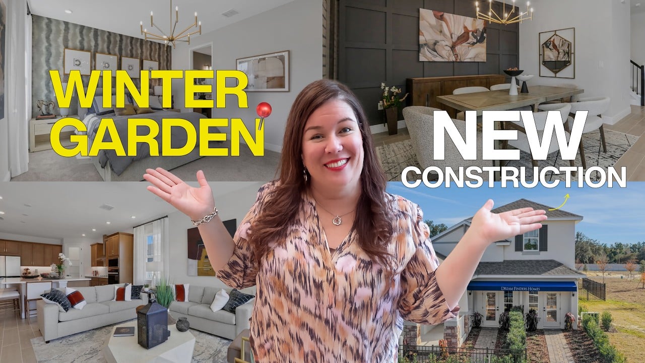 Woman presenting Winter Garden new-construction homes, with interior rooms and a home exterior.