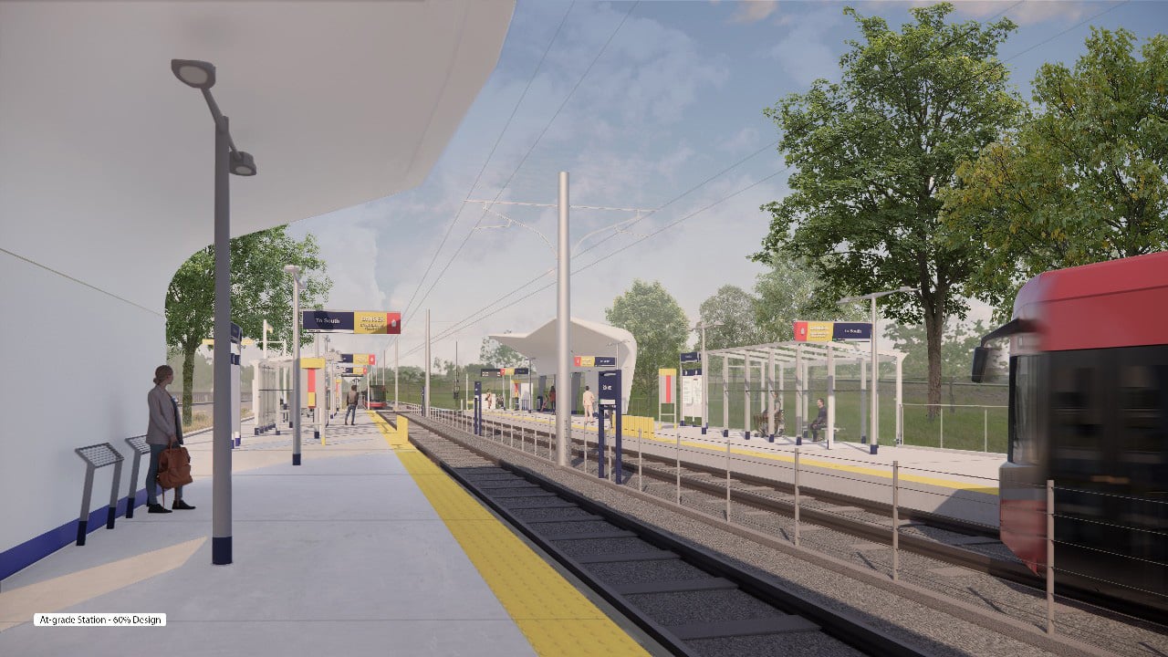 Rendering of Calgary’s future Green Line LRT station, showing modern design and urban connectivity.
