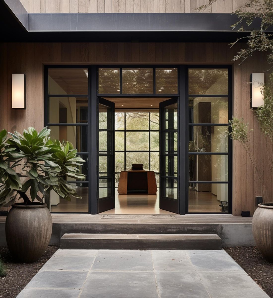 Modern home entrance with open black-framed glass doors, wood cladding, stone steps, and large potted plants.
