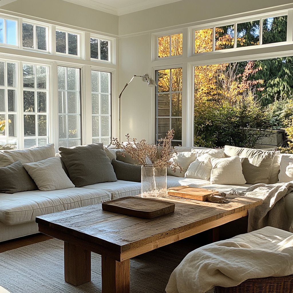 Living room with pale sofas, a rustic wood coffee table, and expansive windows overlooking autumn trees.