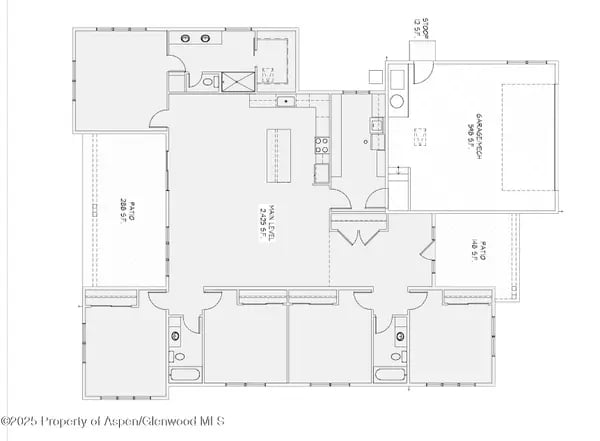 Floor plan showing a central living area, kitchen, bedrooms, bathrooms, garage, and two patios.