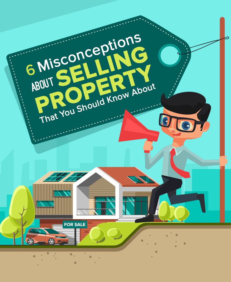 Illustration about six misconceptions about selling property, with an agent holding a megaphone beside a for-sale home.