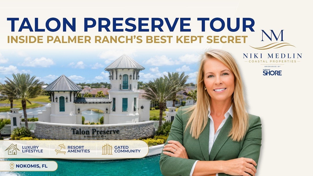 Talon Preserve tour promotional graphic featuring Niki Medlin and the community entrance in Nokomis, Florida.