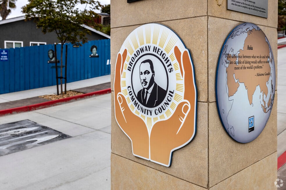 Community monument in Broadway Heights, San Diego, featuring MLK imagery and neighborhood identity—highlighting civic pride and cultural character in this residential area.