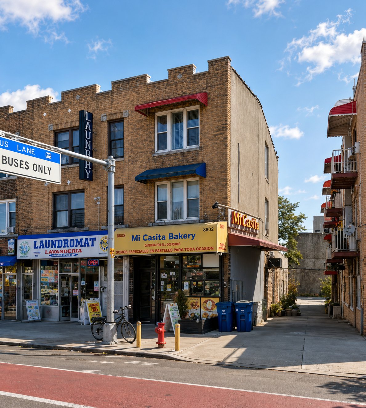 Street-corner brick commercial building with a laundromat and Mi Casita Bakery storefronts.