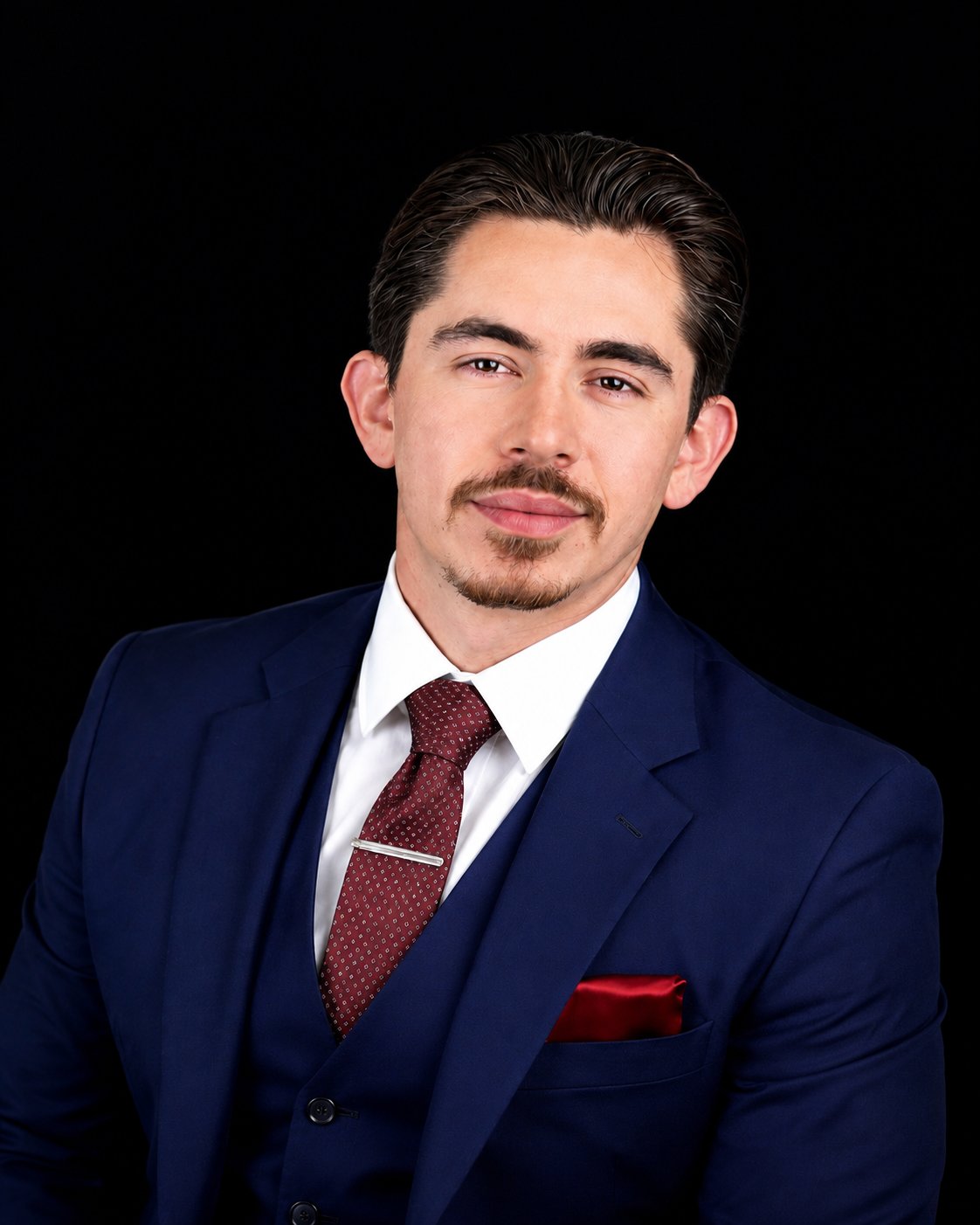 Israel Campos in a navy suit and burgundy tie against a black background.