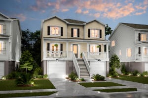 Two adjoining raised homes with front porches and staircases beneath a pink dusk sky.