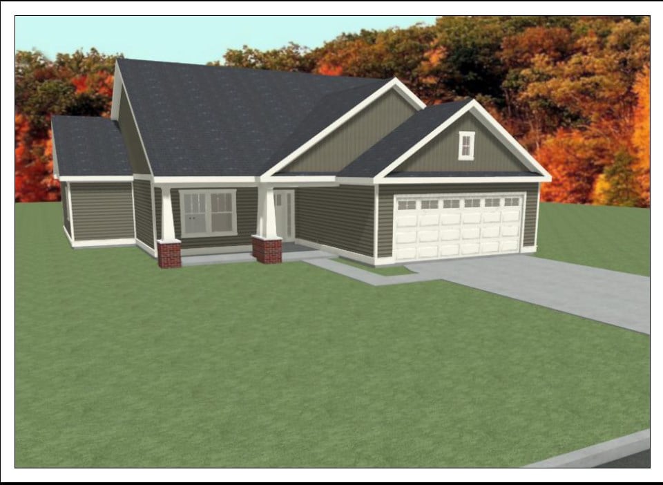 A rendering of a house featuring a garage and a welcoming front porch, showcasing modern architectural design.