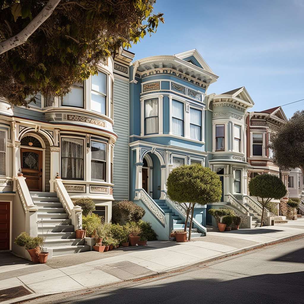 Ornate Victorian-style houses with bay windows and decorative trim line a sunny residential street.