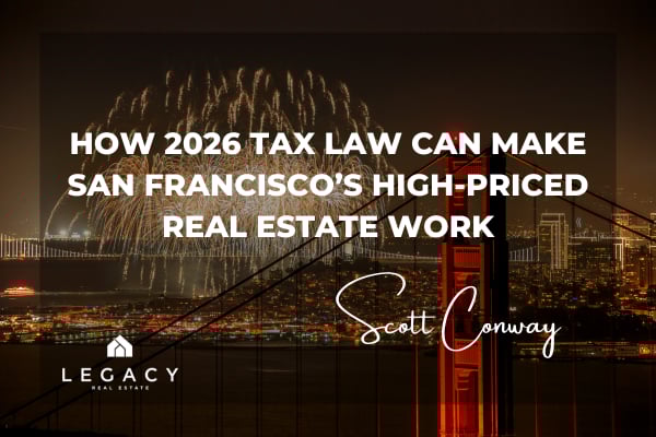 San Francisco skyline with Golden Gate Bridge fireworks and headline reading ‘How 2026 Tax Law Can Make San Francisco’s High-Priced Real Estate Work,’ by Scott Conway of Legacy Real Estate.