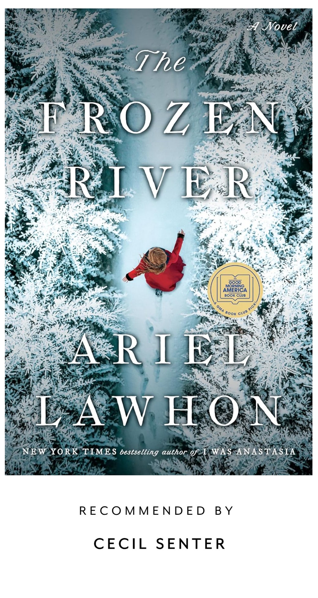 Book cover of "The Frozen River" by Ariel Lawhon, featuring a snowy landscape and a child in a red coat. Recommended by Cecil Senter.