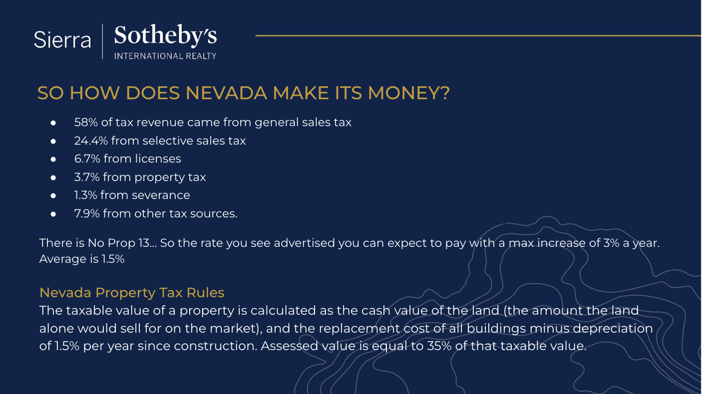 Infographic summarizing Nevada tax revenue sources and explaining property tax rules.