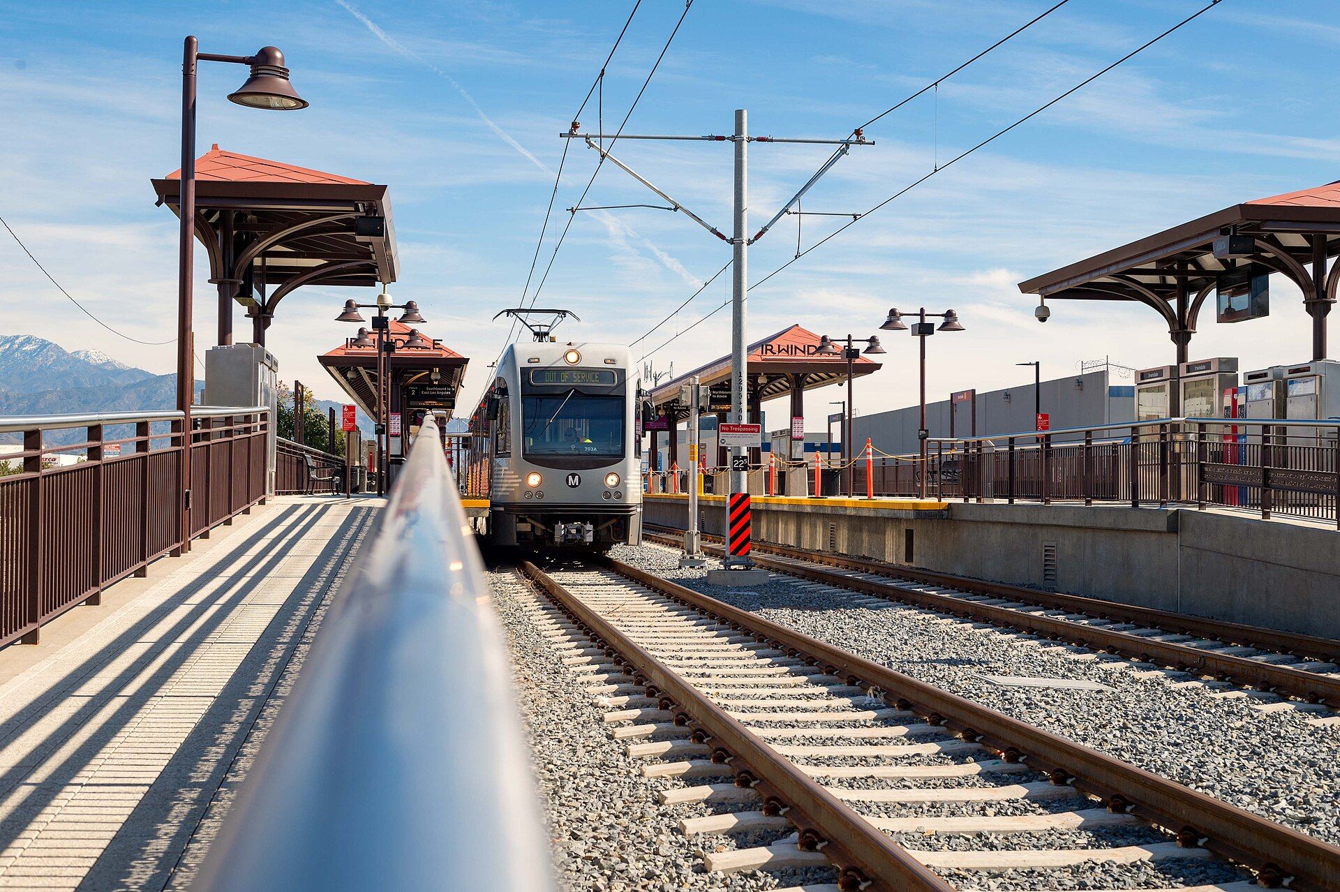 Irwindale rail station platform and train, photographed in January 2016