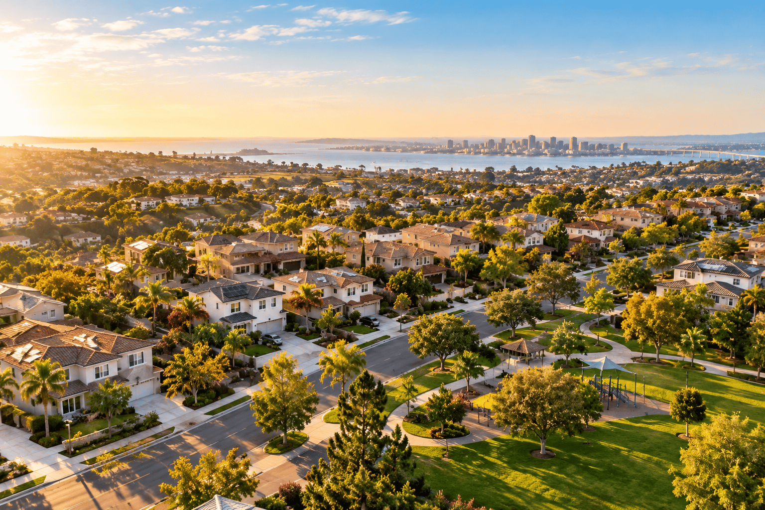 San Diego homes overlooking the bay and downtown skyline at golden hour