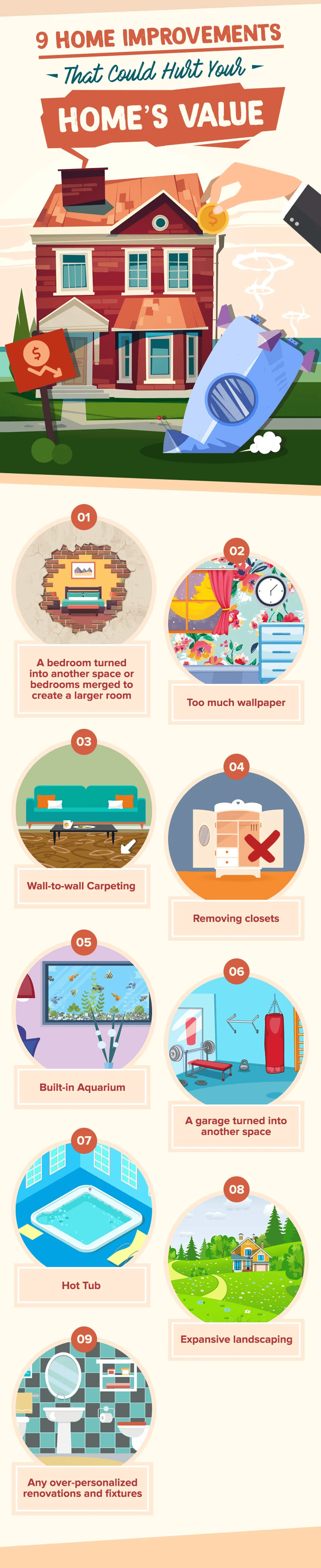 Infographic listing nine home improvements that could hurt a home's value, with illustrated examples.