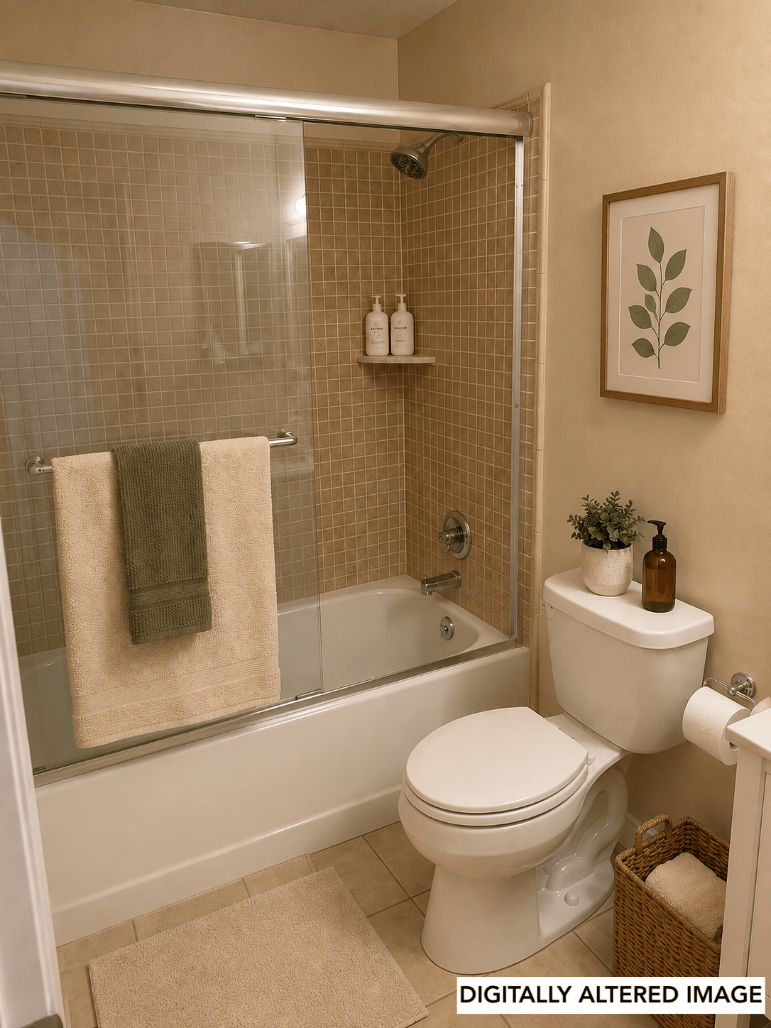 Clean full bathroom with tub and shower combination, neutral finishes, and modern staging.