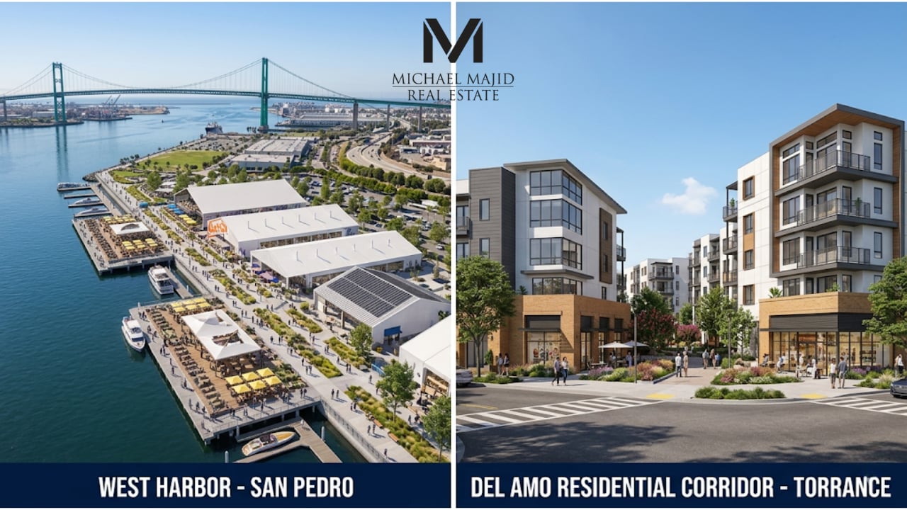 High-end architectural rendering of the West Harbor waterfront and the new Del Amo residential corridor.