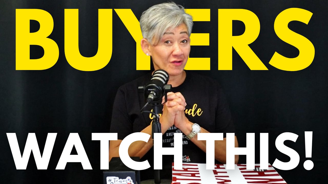 Real estate presenter at a microphone with the headline “BUYERS — WATCH THIS!”