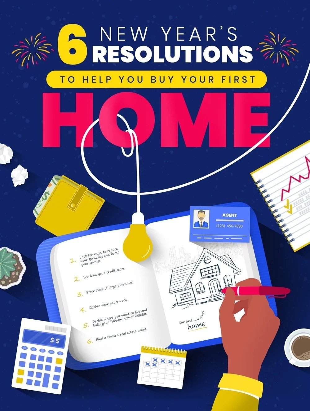 Illustrated first-home buying resolutions infographic with six tips in an open planner beside a house sketch.