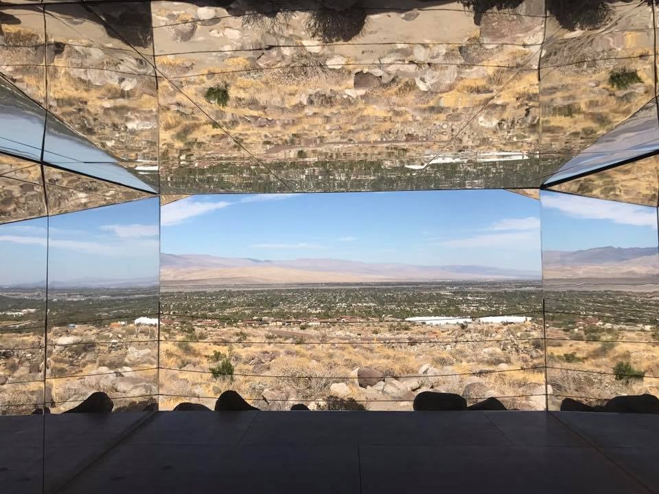 Mirrored Mirage installation reflecting the desert valley and mountains at Desert X.