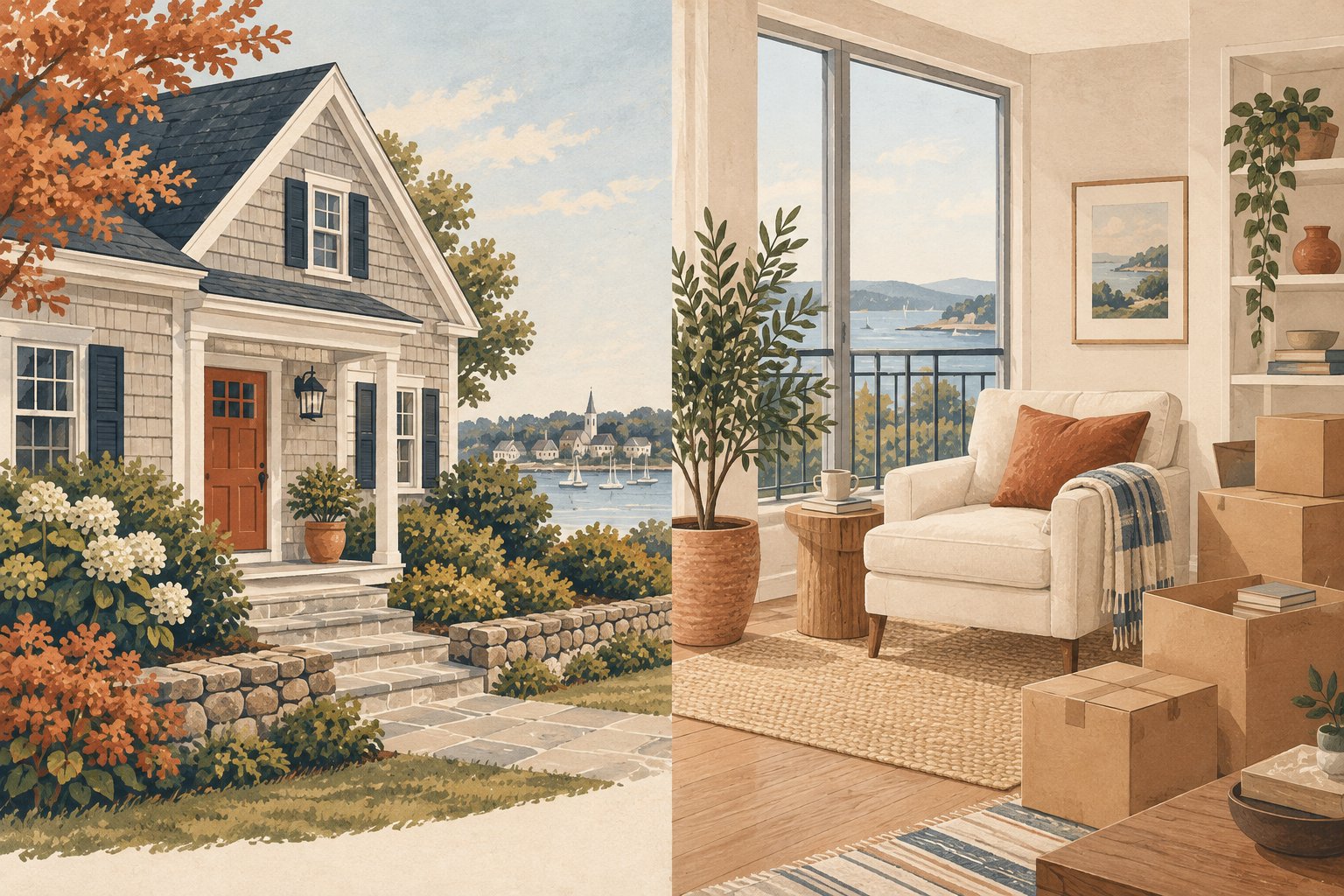 Illustration of a compact New England home, a bright sitting area, and moving boxes, representing downsizing.