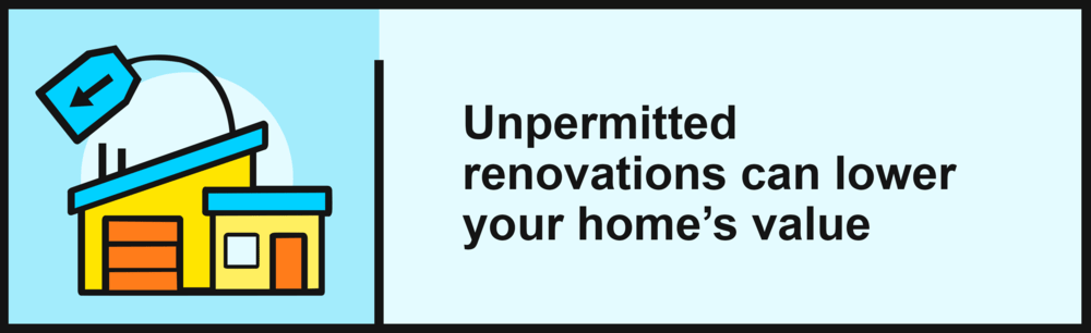 Graphic warning that unpermitted renovations can lower a home’s value, beside an illustration of a house and permit tag.