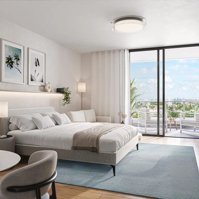 Rendering of a studio residence with balcony at Ella Miami Beach.