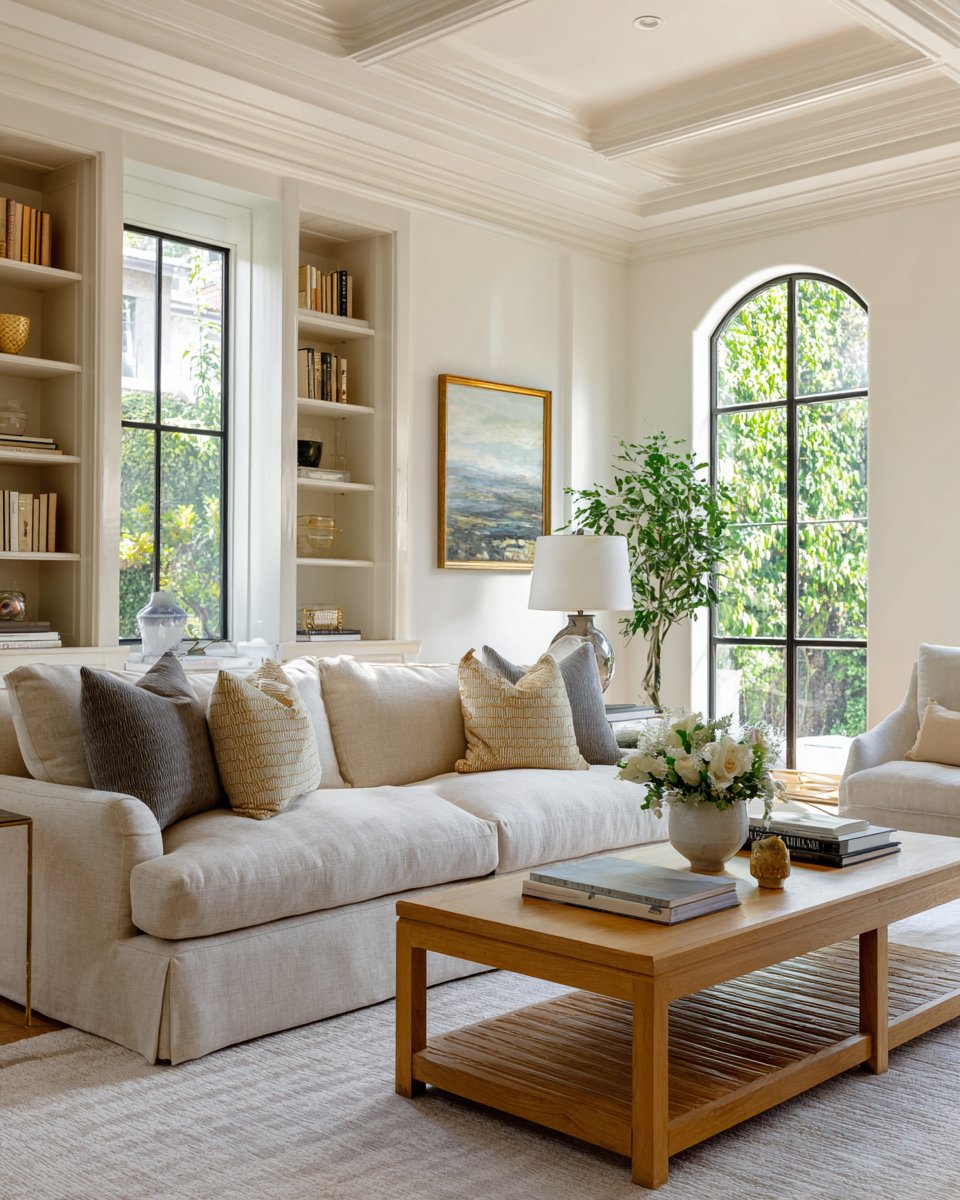 Living room with a cream sofa, built-in bookshelves, and tall windows including an arched window.