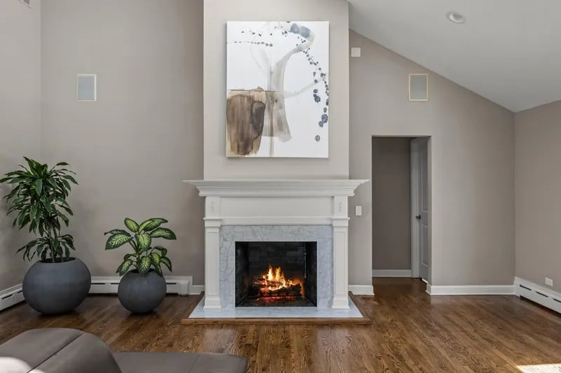 Living room with a lit fireplace, abstract artwork, potted plants, and hardwood floors.