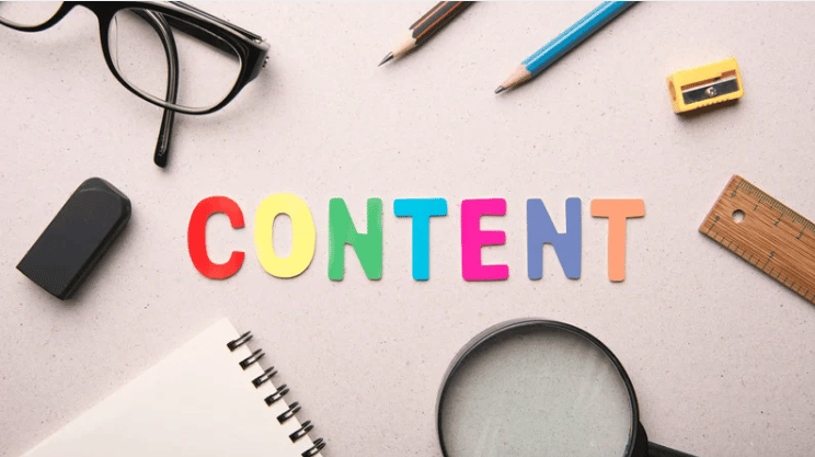 Colorful CONTENT letters surrounded by pencils, glasses, a sharpener, ruler, notebook, and magnifying glass.