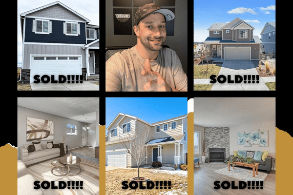 Collage of sold homes and furnished interiors alongside a smiling man pointing at the camera.
