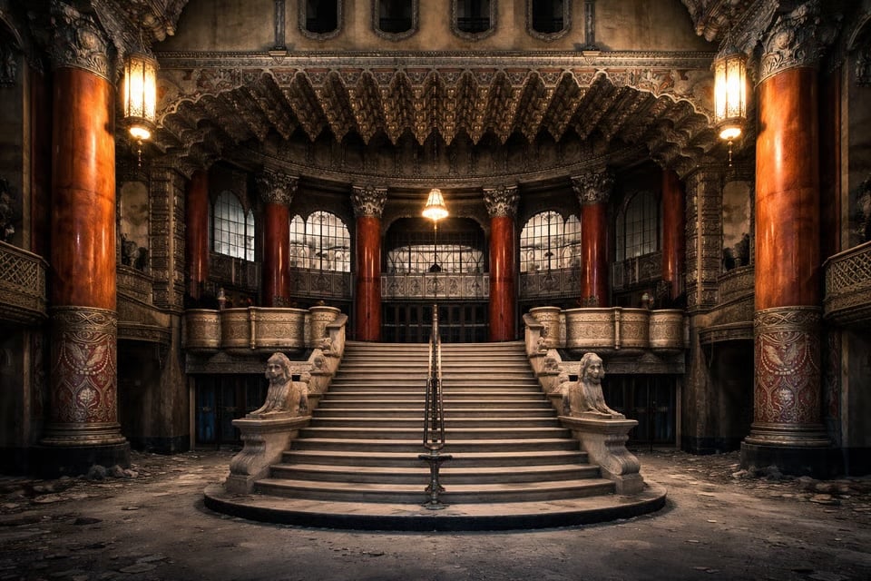 Ornate interior with a grand staircase, carved lion statues, and richly decorated columns.