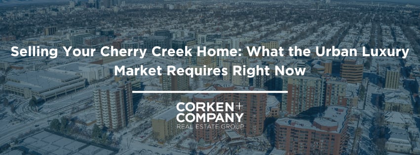 Cherry Creek home-selling guide banner over a snowy aerial view of Denver, with Corken + Company branding.