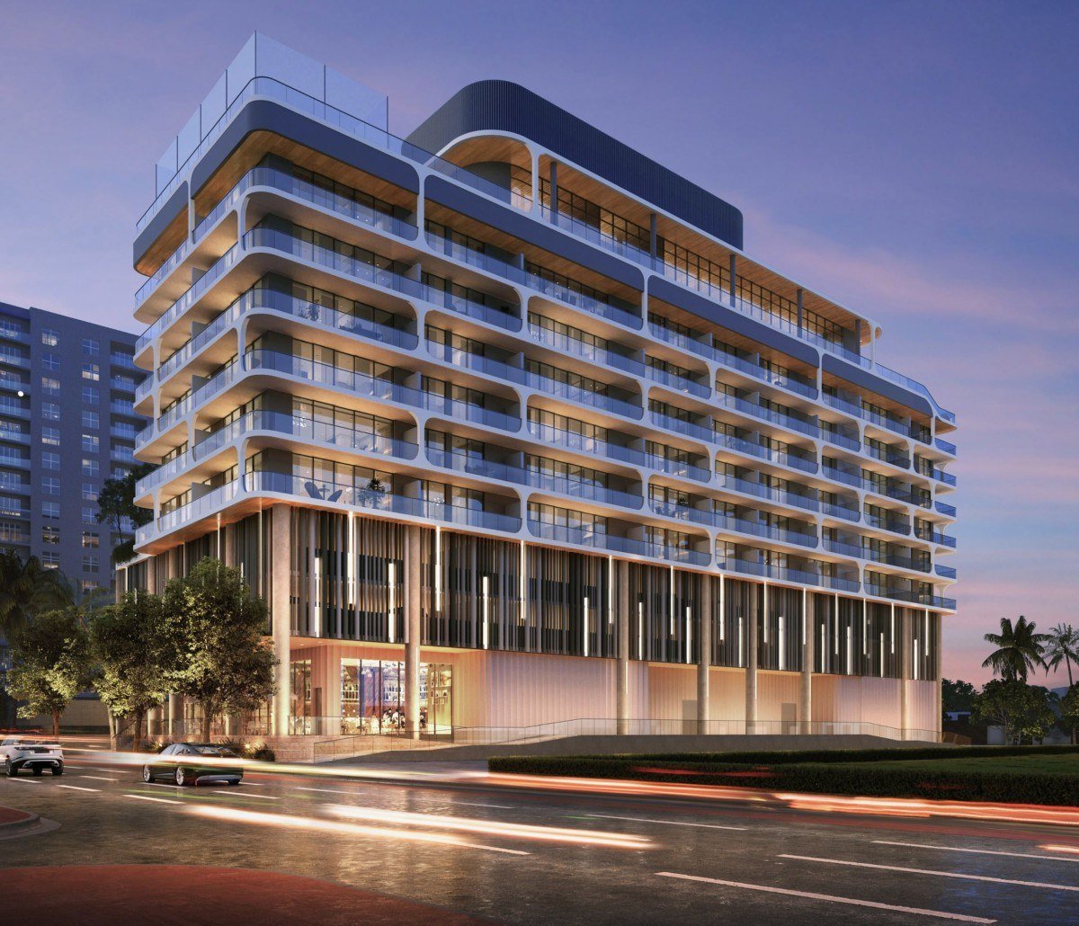 Evening rendering of the Ella Miami Beach exterior.