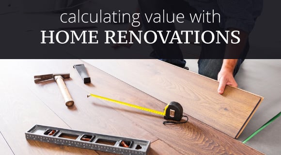 Home renovation headline above a hand positioning a wood plank beside measuring tools.