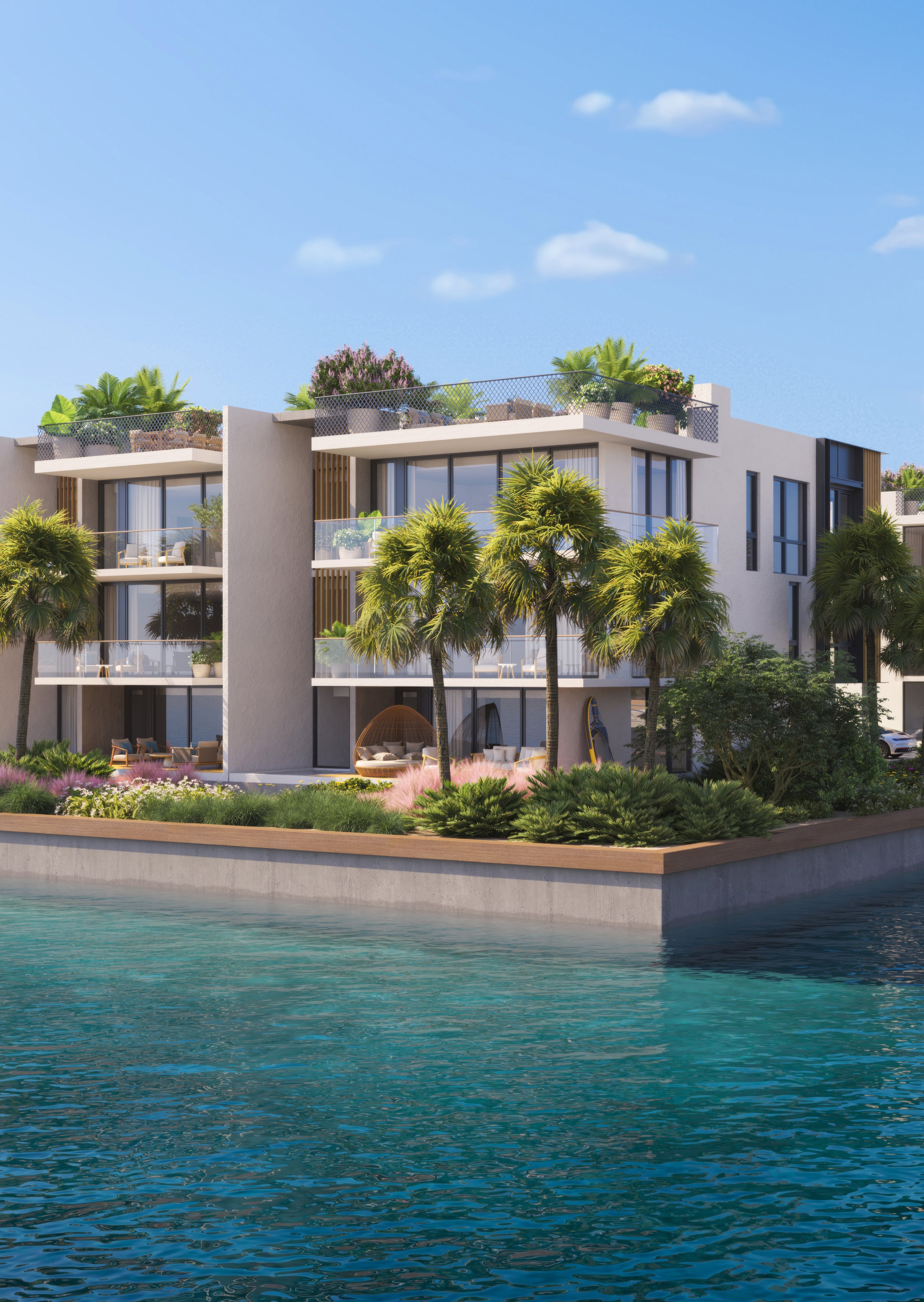Rendering of a Forté Luxe residence with waterfront terraces and palms
