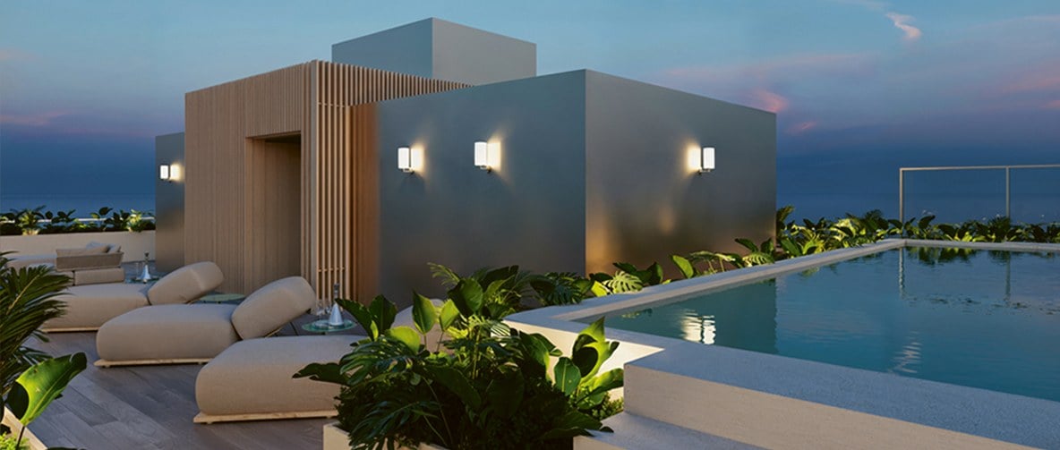 Rendering of rooftop plunge pool at dusk at Milano Boutique in South of Fifth, Miami Beach.