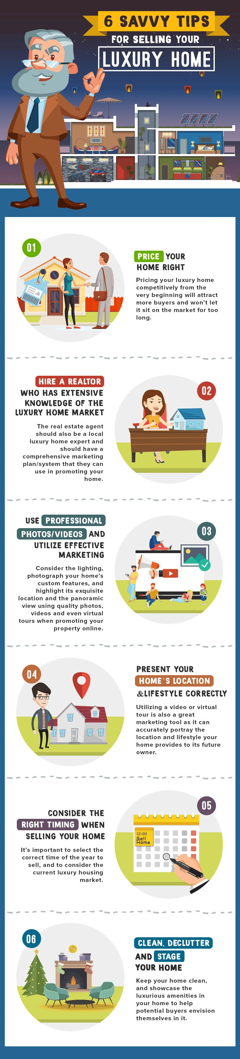 Infographic with six tips for selling a luxury home.