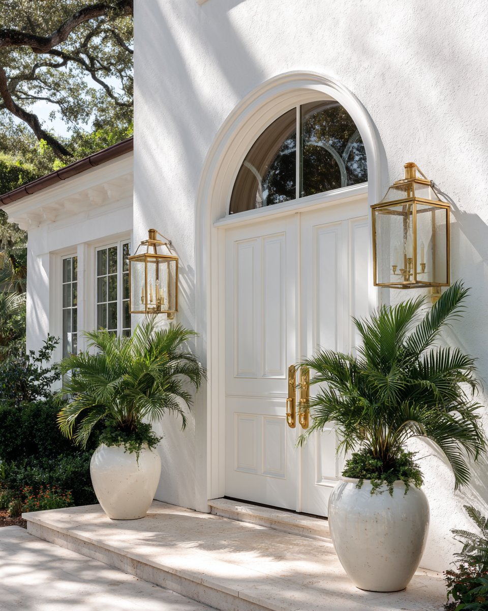 White stucco home entrance with an arched window, gold lanterns, and potted palms.