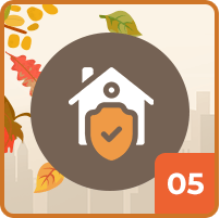 House and check-mark shield with the number 05 and autumn leaves