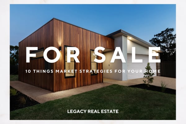 Modern San Francisco home with a “For Sale” sign and overlay text reading “10 Things Market Strategies for Your Home” by Legacy Real Estate, illustrating strategic home marketing for sellers.