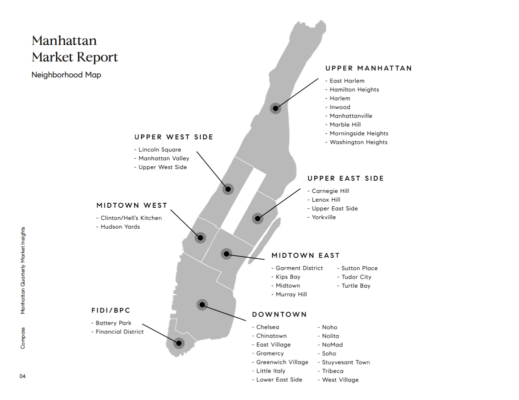 Manhattan neighborhood map marking seven regions, with neighborhood names listed beside each area.