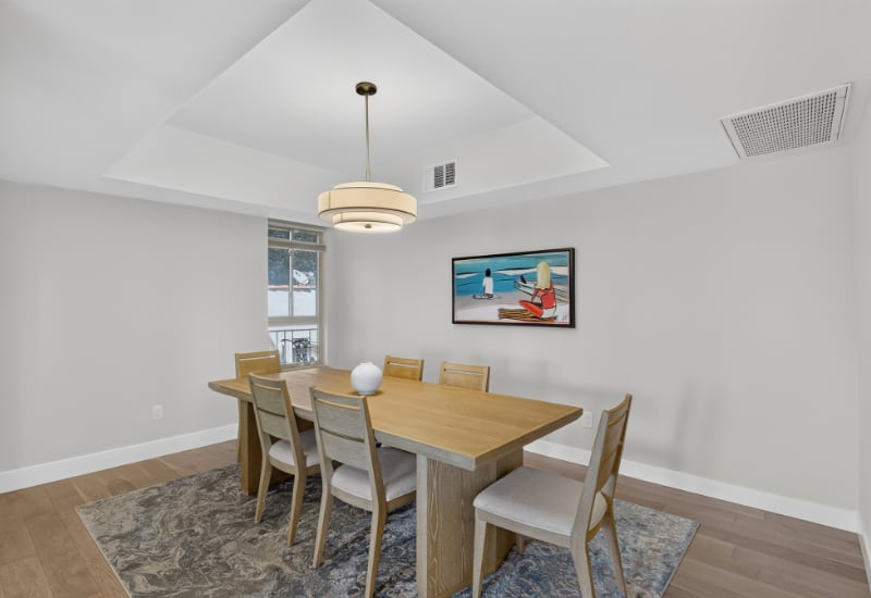 Dining room with a wood table, upholstered chairs, patterned rug, and tray ceiling.