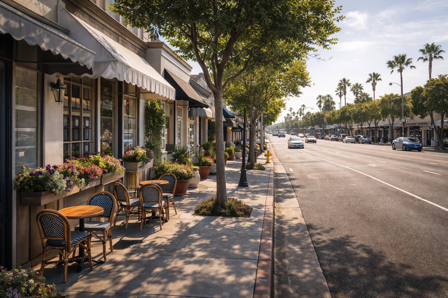 Aerial view of Corona del Mar village along Pacific Coast Highway with the Pacific Ocean in the background, Orange County California