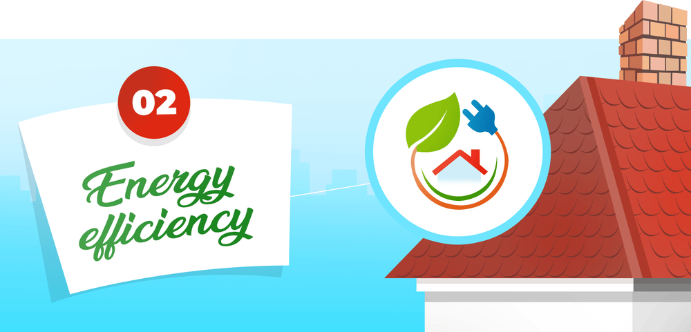 Energy efficiency graphic beside an illustrated red roof and eco-energy icon.