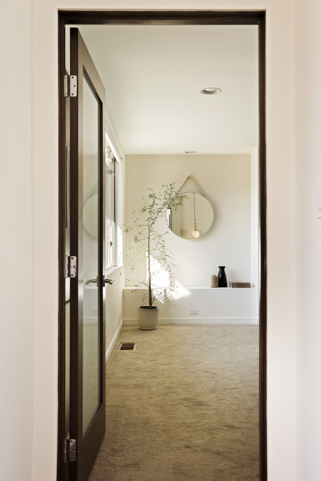 Carpeted room with a round mirror and potted tree, seen through an open glass door.