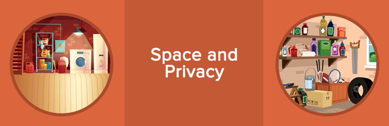 Space and privacy comparison with illustrations of a laundry area and crowded storage shelves.