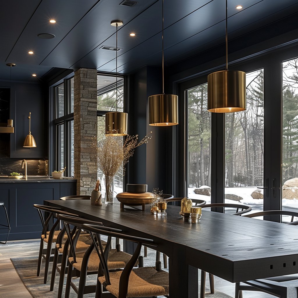 Modern dining room with a long dark wood table, brass pendant lights, and snowy woodland views.