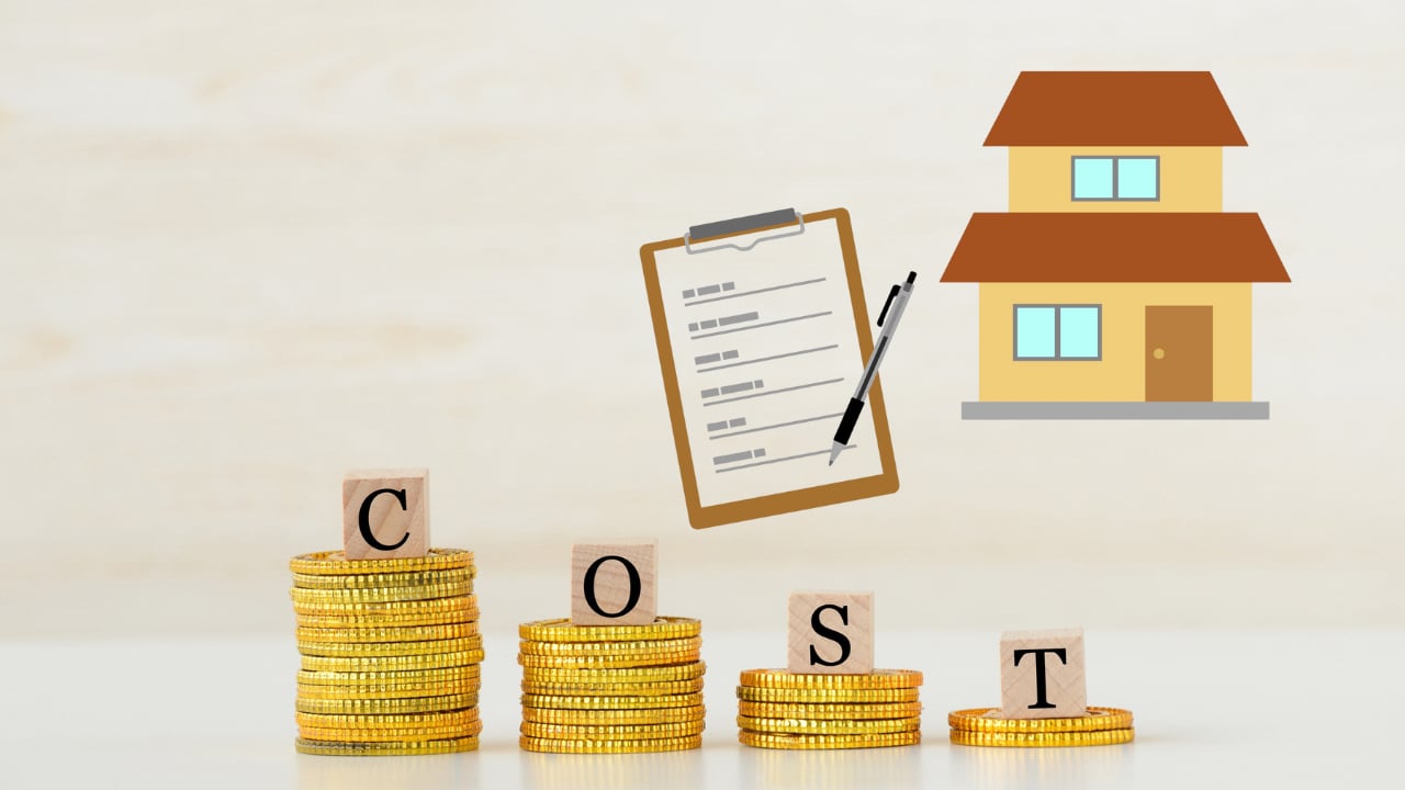 Illustration of property costs, with coin stacks spelling COST beside a house and clipboard.