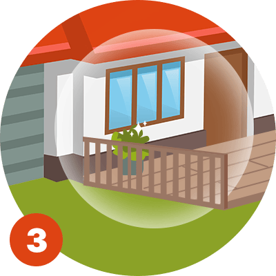 Illustrated house with a porch and an orange number 3 badge.